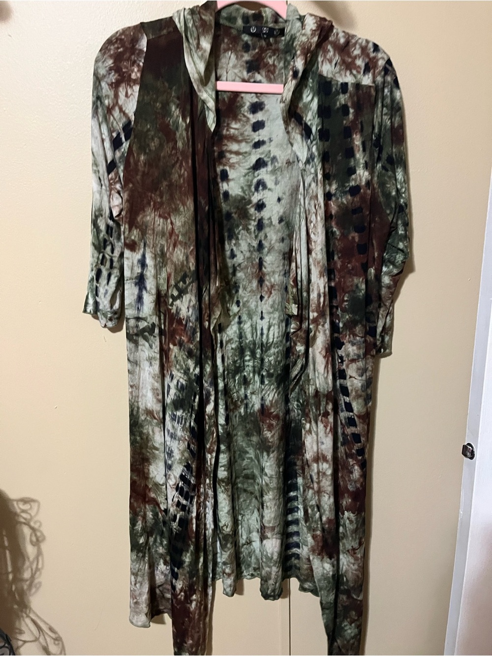 Women’s Tie-Dye Hooded Duster Jacket - Green & Brown